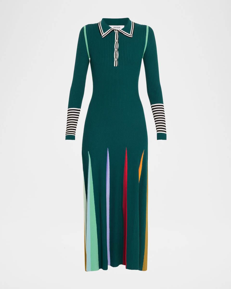 Multicolor Godet-Skirt Rib Maxi Polo Dress